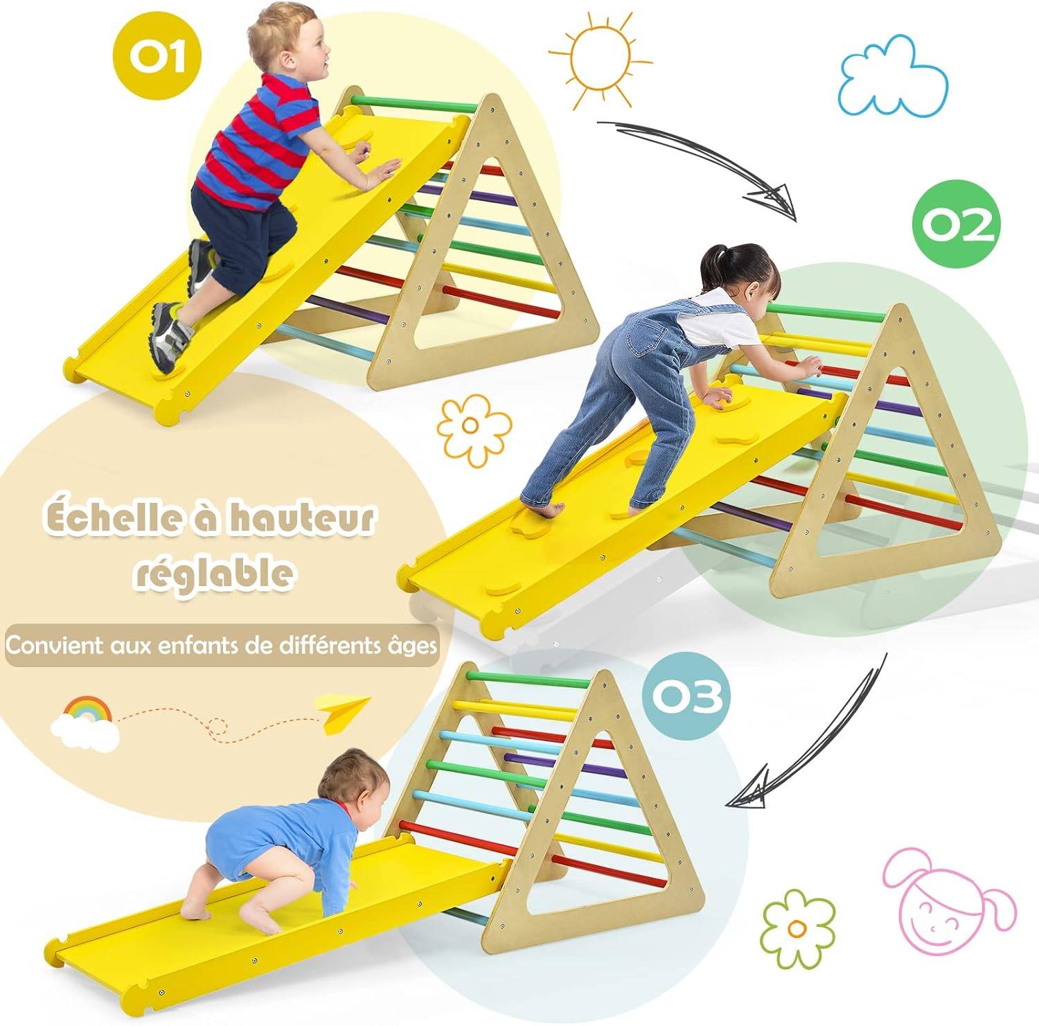 COSTWAY 3 en 1 Triangle d'escalade Enfants avec Rampe, 2 Échelle d'escalade Triangle en Bois pour Glisser et Grimper, Charge Max 60KG - Image 1