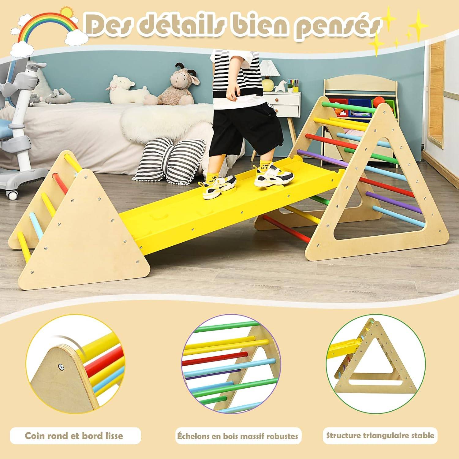 COSTWAY 3 en 1 Triangle d'escalade Enfants avec Rampe, 2 Échelle d'escalade Triangle en Bois pour Glisser et Grimper, Charge Max 60KG - Image 3