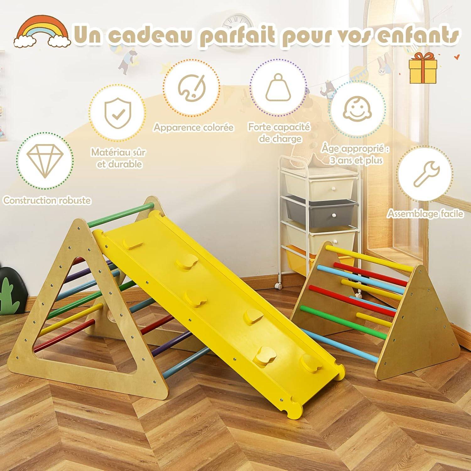 COSTWAY 3 en 1 Triangle d'escalade Enfants avec Rampe, 2 Échelle d'escalade Triangle en Bois pour Glisser et Grimper, Charge Max 60KG - Image 7