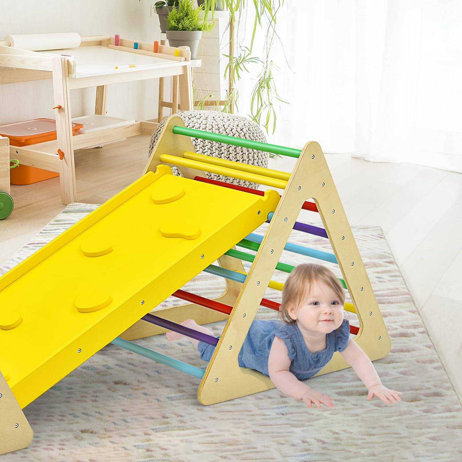 COSTWAY 3 en 1 Triangle d'escalade Enfants avec Rampe, 2 Échelle d'escalade Triangle en Bois pour Glisser et Grimper, Charge Max 60KG - Image 8