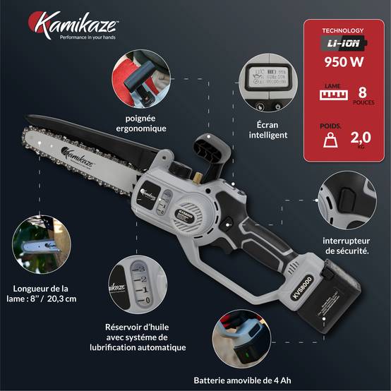 Tronçonneuse électrique KAMIKAZE KVS 8000 21V, 8 pouces, 300W, tronçonneuse électrique sans fil rechargeable avec lumière LED, travail continue - Image 5