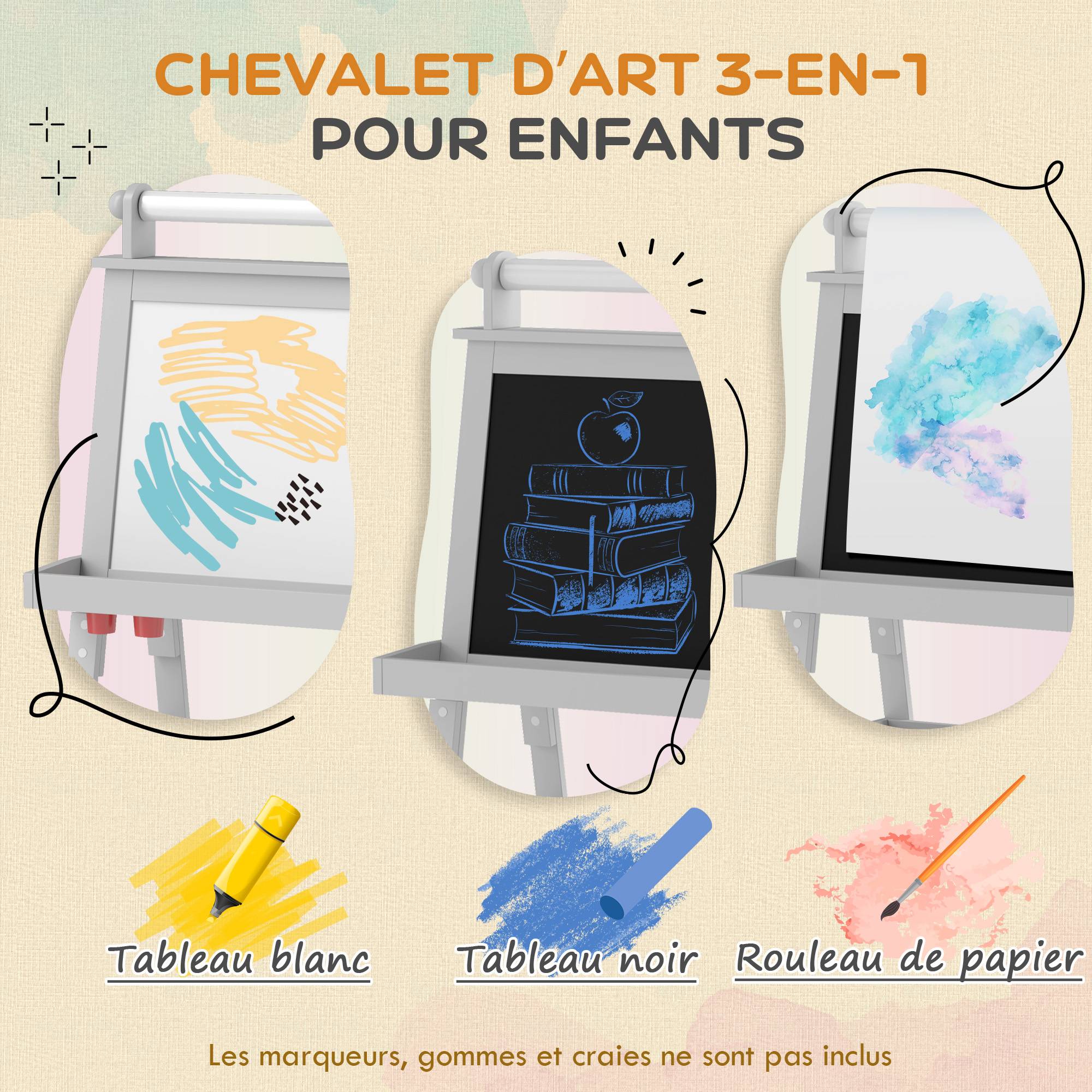 Tableau chevalet enfant 3 en 1 avec tableau blanc magnétique, tableau à craie, rouleau papier, 2 paniers, 3-6 ans, gris - Image 6