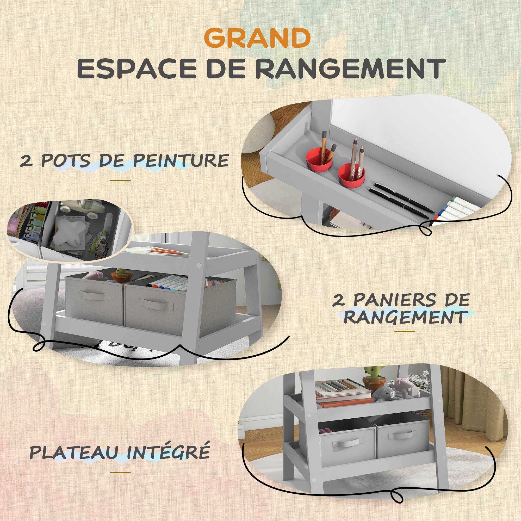 Tableau chevalet enfant 3 en 1 avec tableau blanc magnétique, tableau à craie, rouleau papier, 2 paniers, 3-6 ans, gris - Image 7