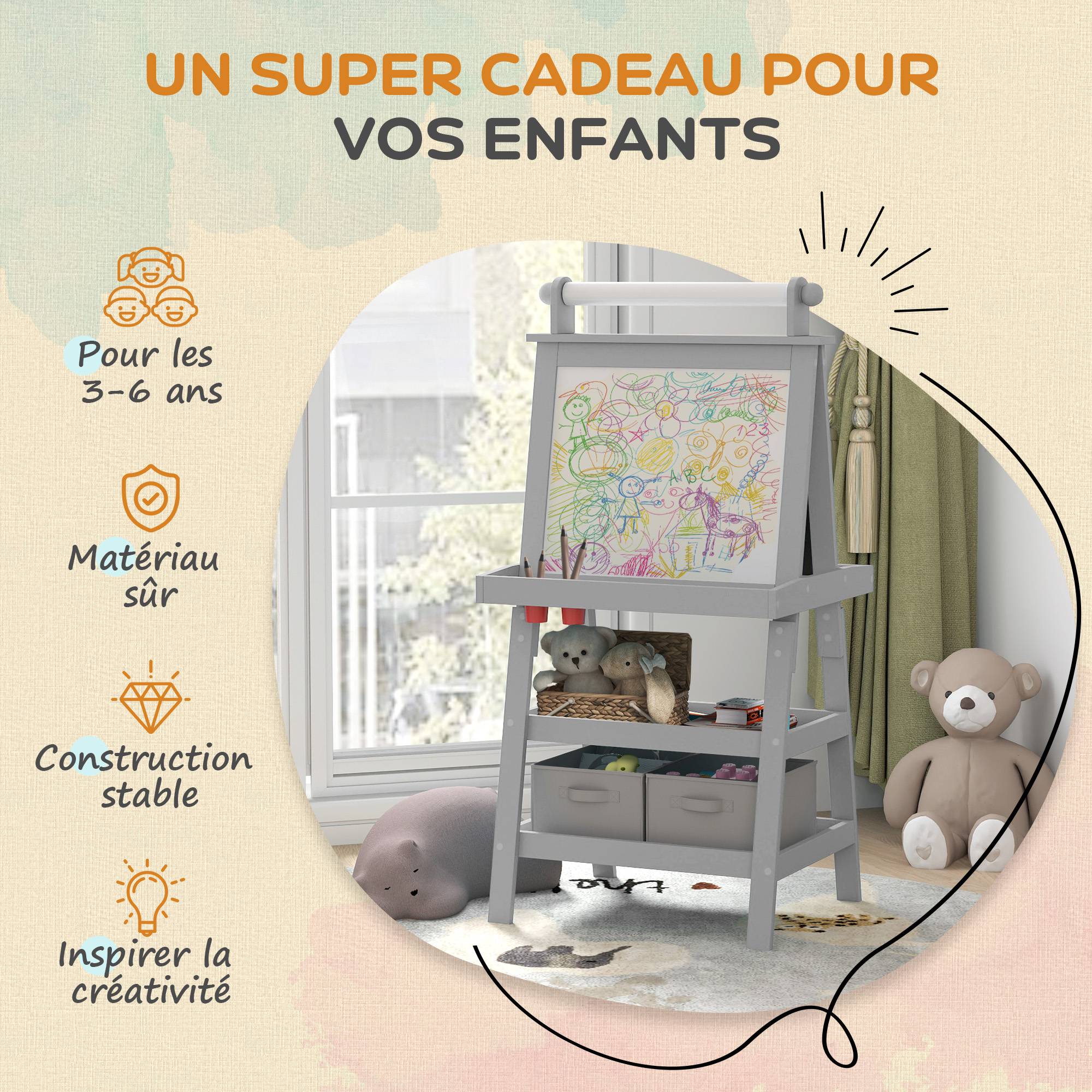 Tableau chevalet enfant 3 en 1 avec tableau blanc magnétique, tableau à craie, rouleau papier, 2 paniers, 3-6 ans, gris - Image 8