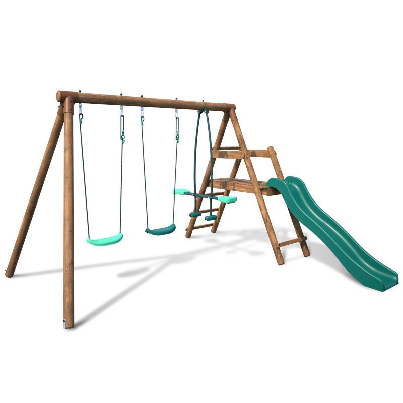 Soulet - Portique en bois rond 3 agrès avec face à face et toboggan bas FIGUE - Image 1