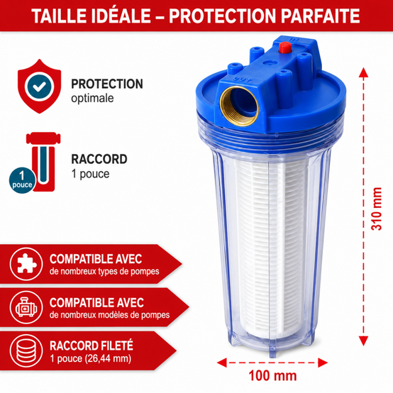 Filtre à eau 6 000 l/h 5,5 bars Raccord 1 pouce Cartouche filtrante lavable idéale pour les pompes - Image 2