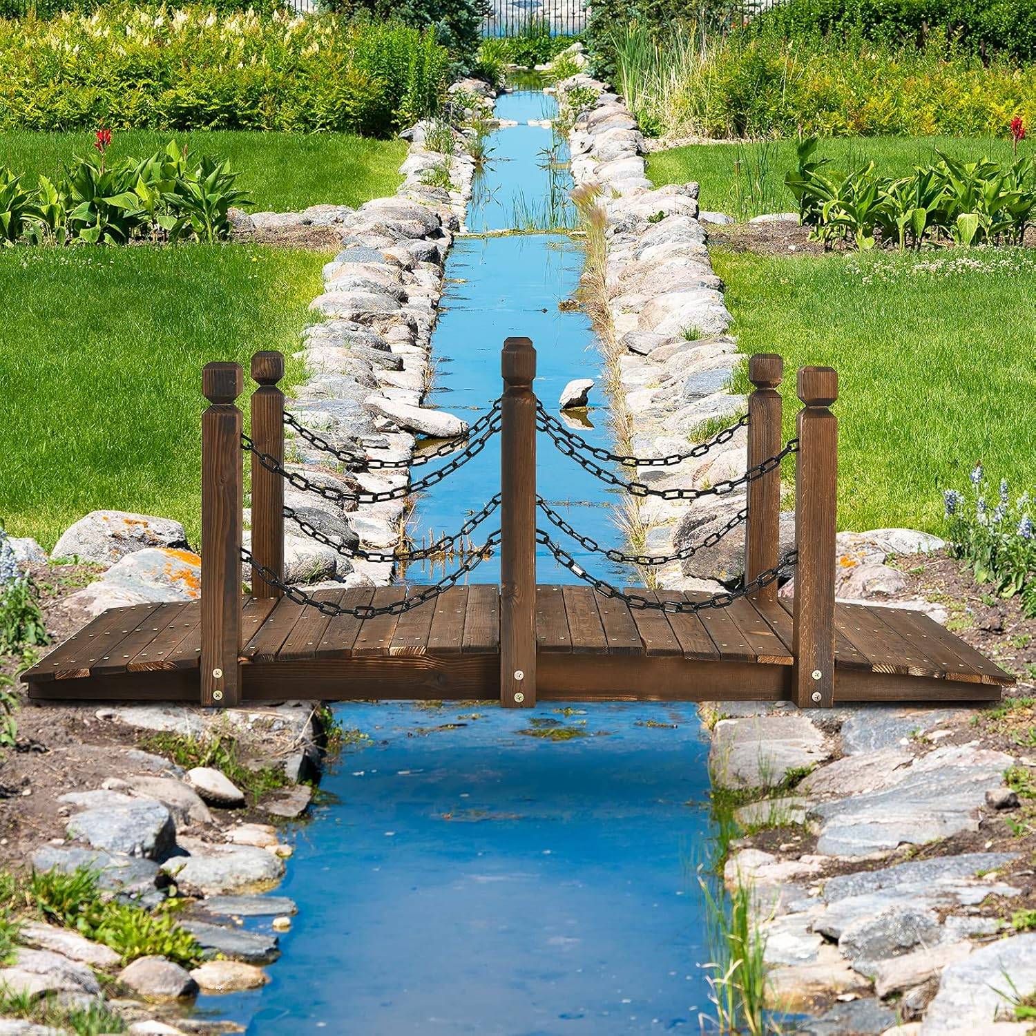 Pont de Jardin en Sapin 150 x 67 x 55cm Carbonisé Charge 225 Kg avec Chaînes de Sécurité - Image 1
