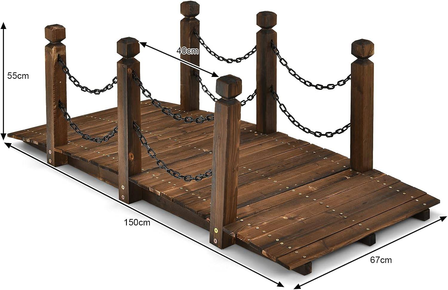 Pont de Jardin en Sapin 150 x 67 x 55cm Carbonisé Charge 225 Kg avec Chaînes de Sécurité - Image 2