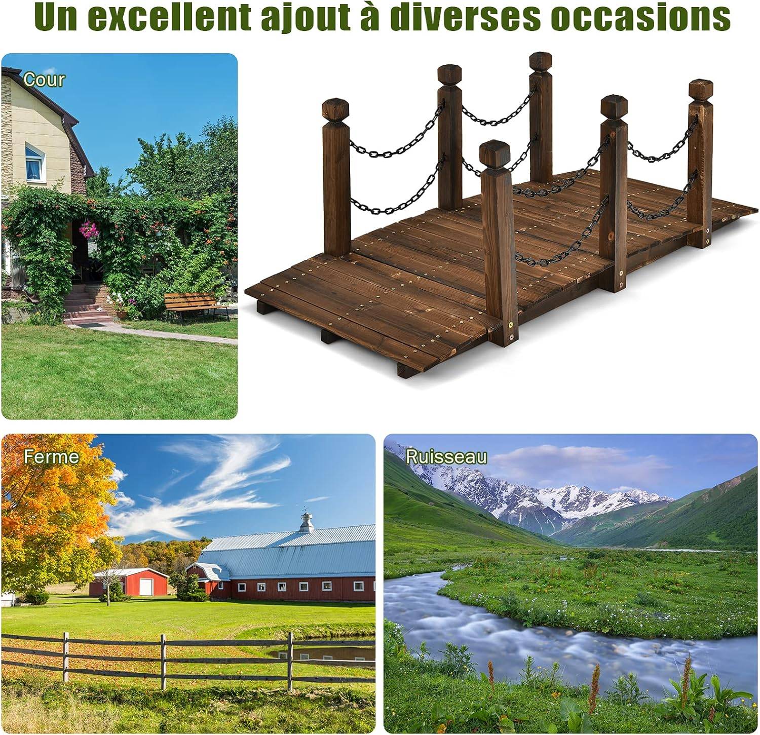 Pont de Jardin en Sapin 150 x 67 x 55cm Carbonisé Charge 225 Kg avec Chaînes de Sécurité - Image 4