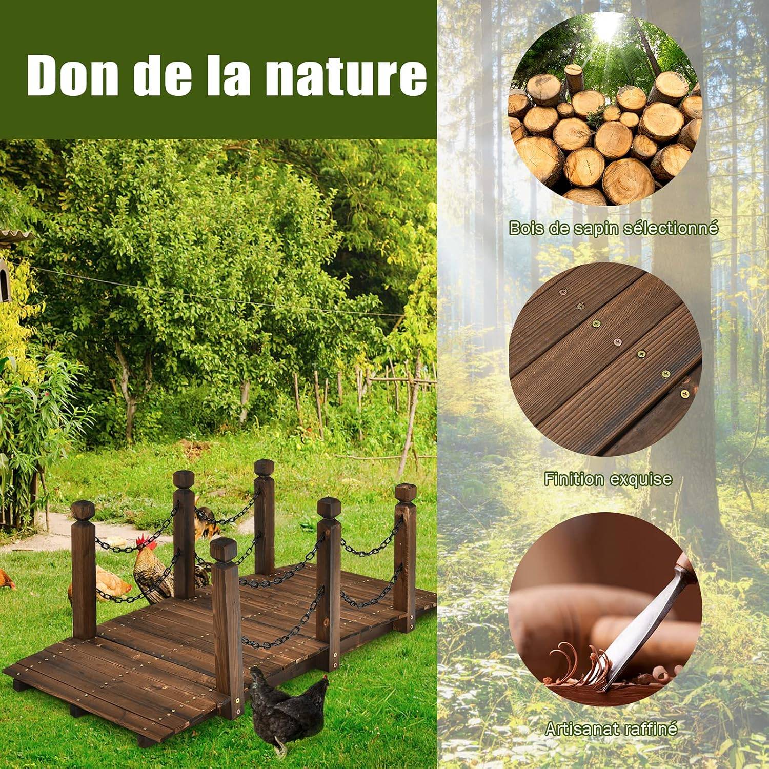 Pont de Jardin en Sapin 150 x 67 x 55cm Carbonisé Charge 225 Kg avec Chaînes de Sécurité - Image 5