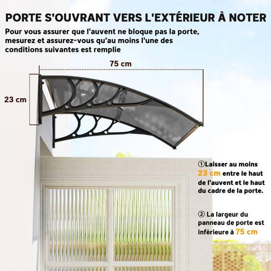 Auvent de porte d'entrée, toit marquise de porte exterieur en polycarbonate et aluminium résistante 100 x 75 cm noir - Image 9