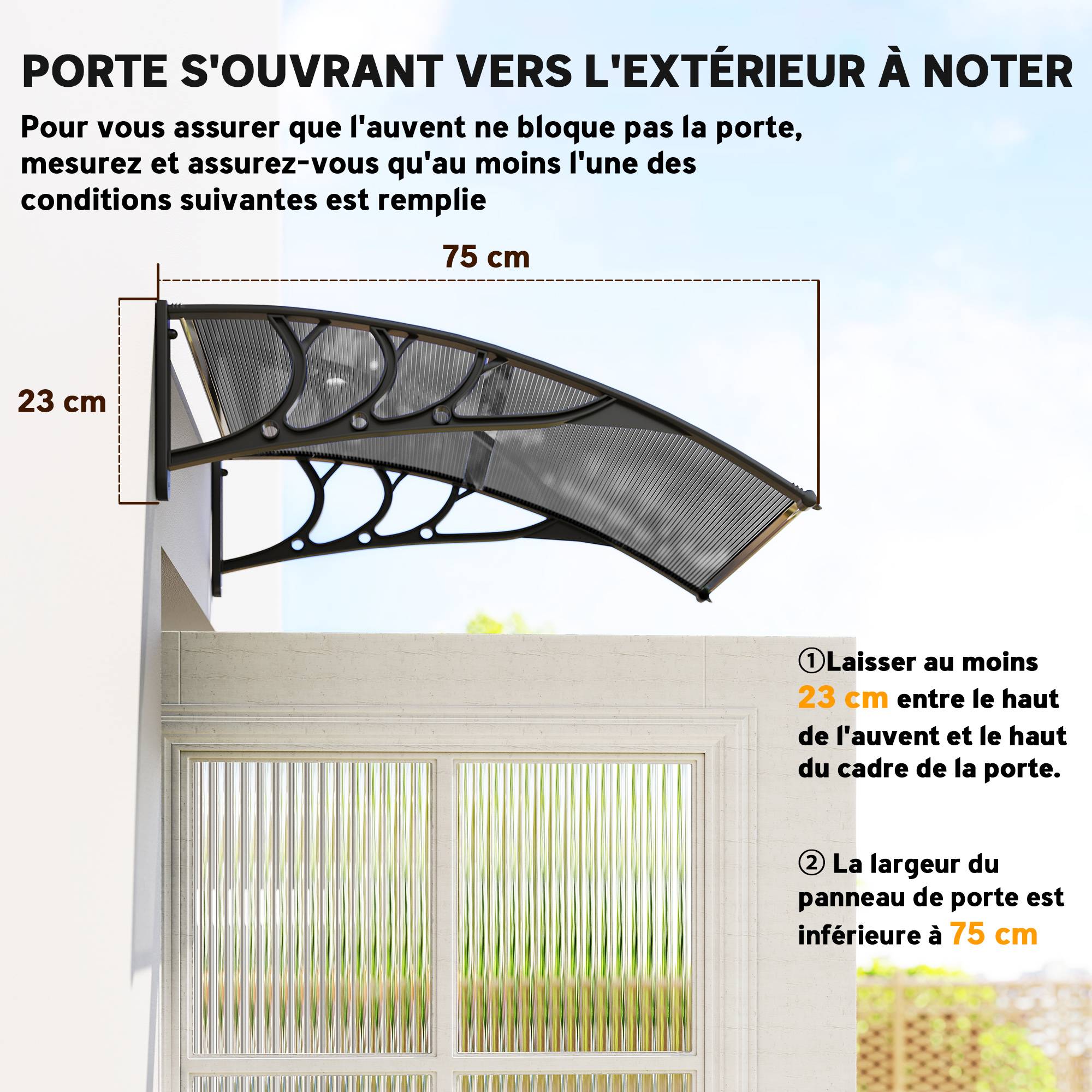 Auvent de porte d'entrée, toit marquise de porte exterieur en polycarbonate et aluminium résistante 100 x 75 cm noir - Image 9