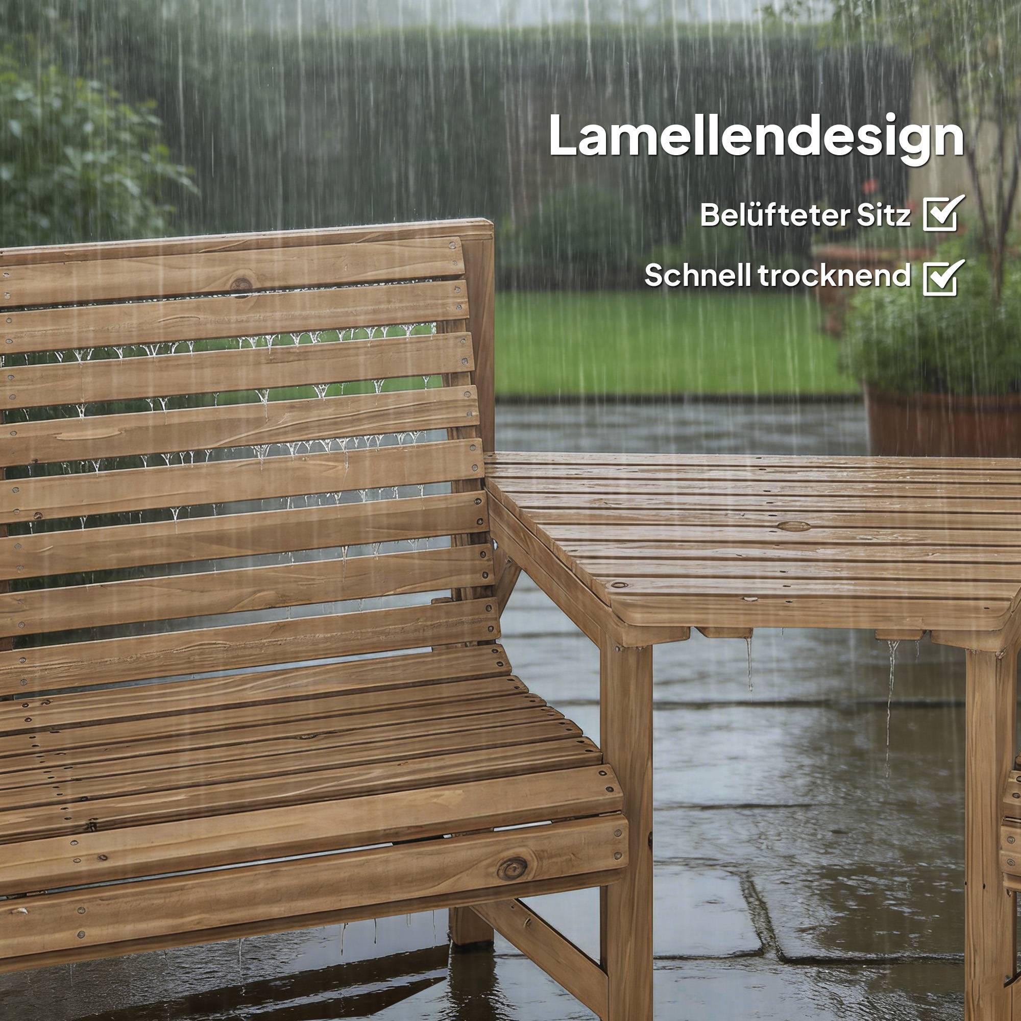 Ensemble de 3 chaises de jardin en bois avec trou de parasol, banc et table amovible, dimensions 121x65x90 cm - Image 8
