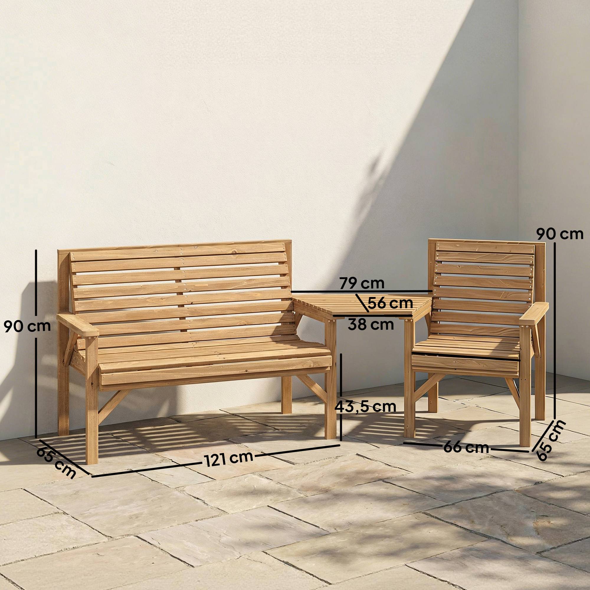 Ensemble de 3 chaises de jardin en bois avec trou de parasol, banc et table amovible, dimensions 121x65x90 cm - Image 3