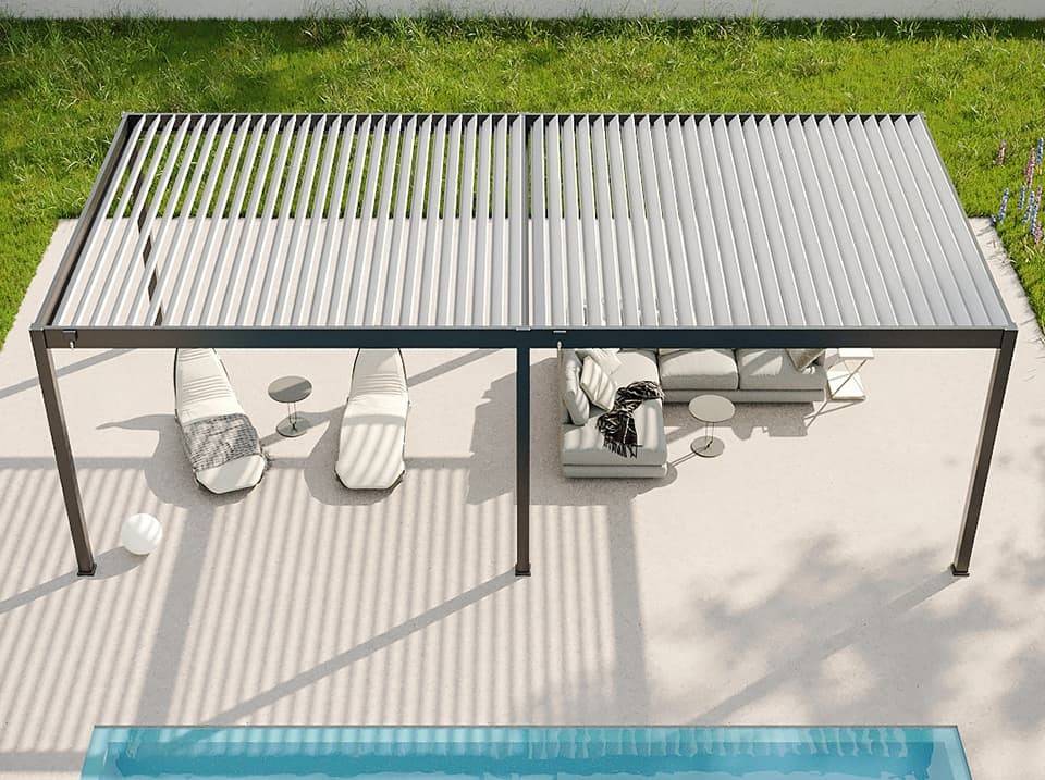 Pergola Bioclimatique Aluminium Autoportée 32m² - 4x8m - Kit LED Inclus - Anthracite - 50 lames en Aluminium a 120 degrés - Image 4