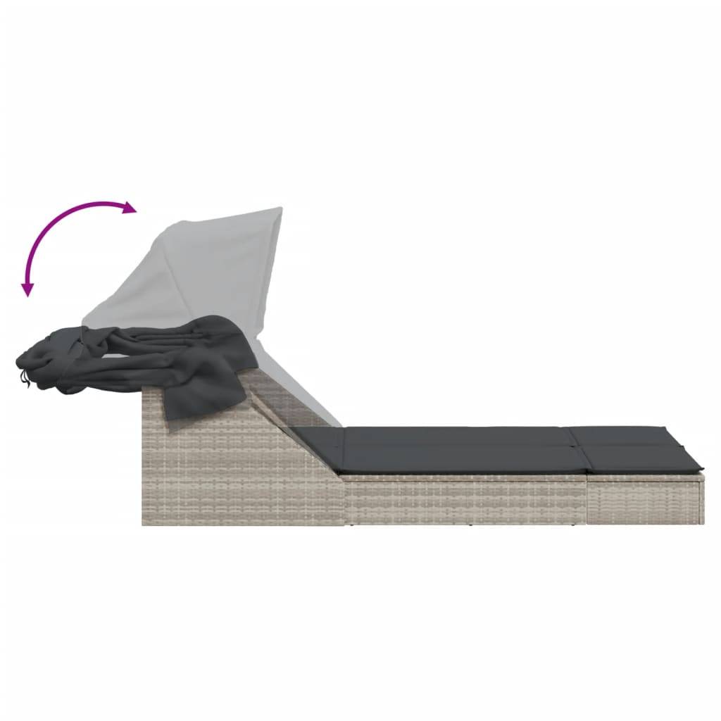 Chaise longue | Transat | Bain de soleil double avec auvent et coussins gris clair rotin - Image 6