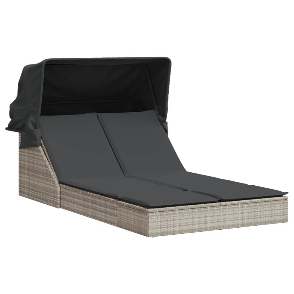 Chaise longue | Transat | Bain de soleil double avec auvent et coussins gris clair rotin - Image 1