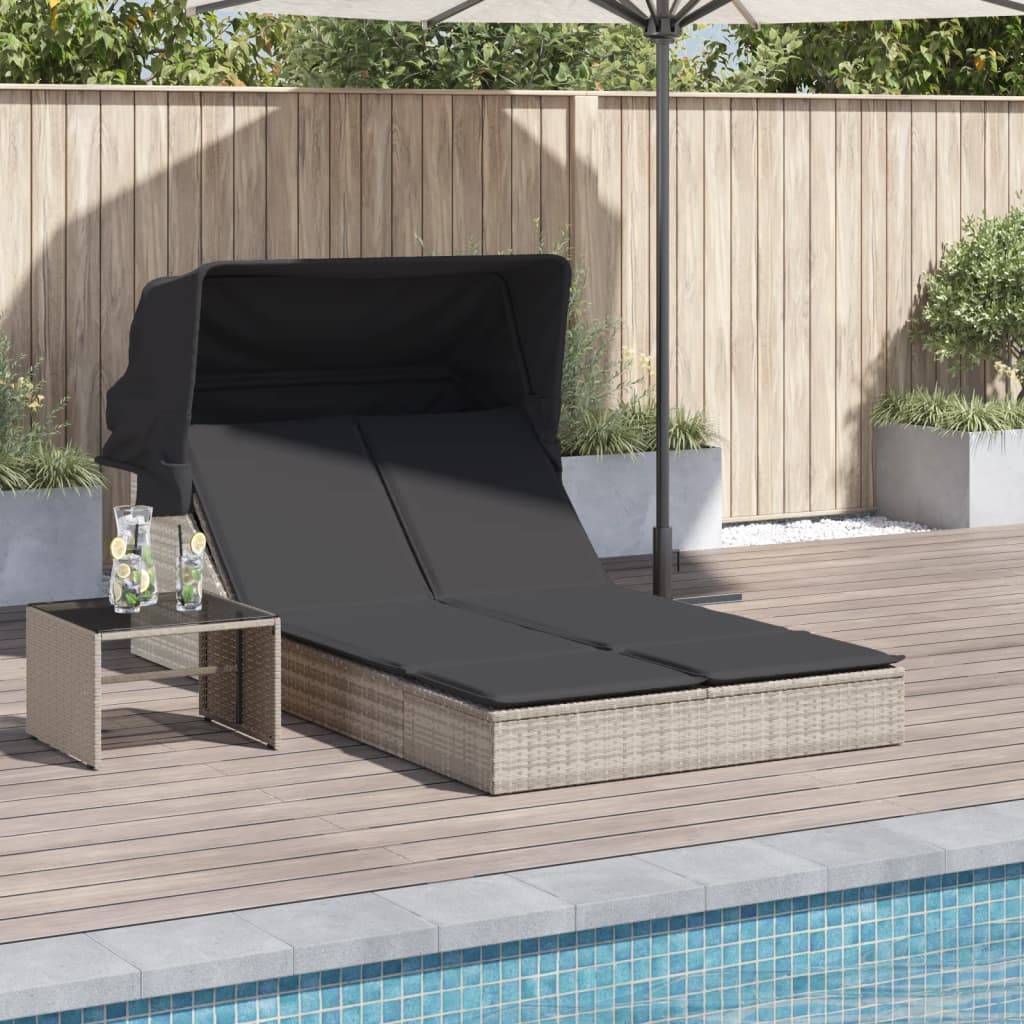 Chaise longue | Transat | Bain de soleil double avec auvent et coussins gris clair rotin - Image 2