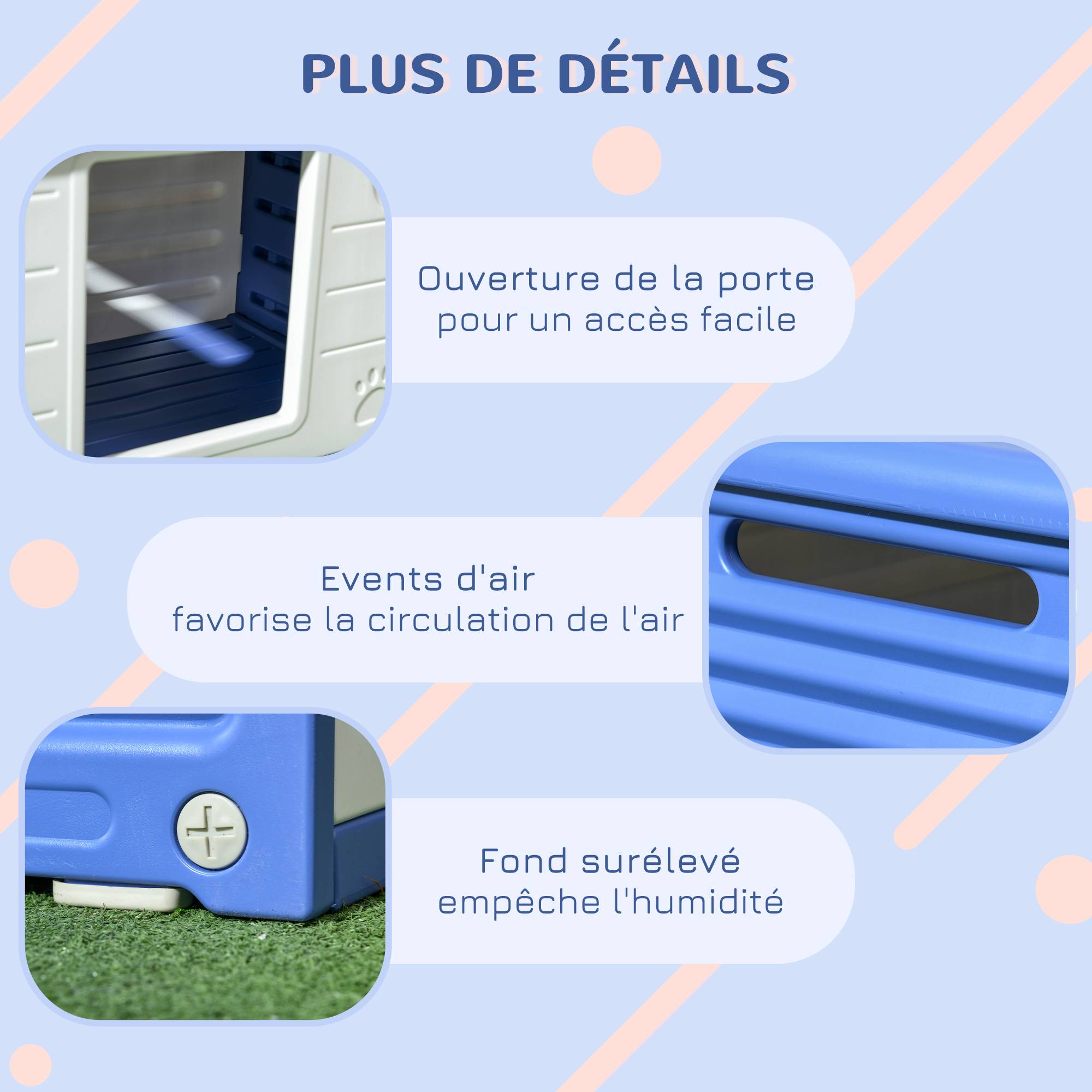 Sans Marque - Niche pour chien extérieure en plastique maison pour chiens avec bouches d'aération bleu et blanc - Image 9