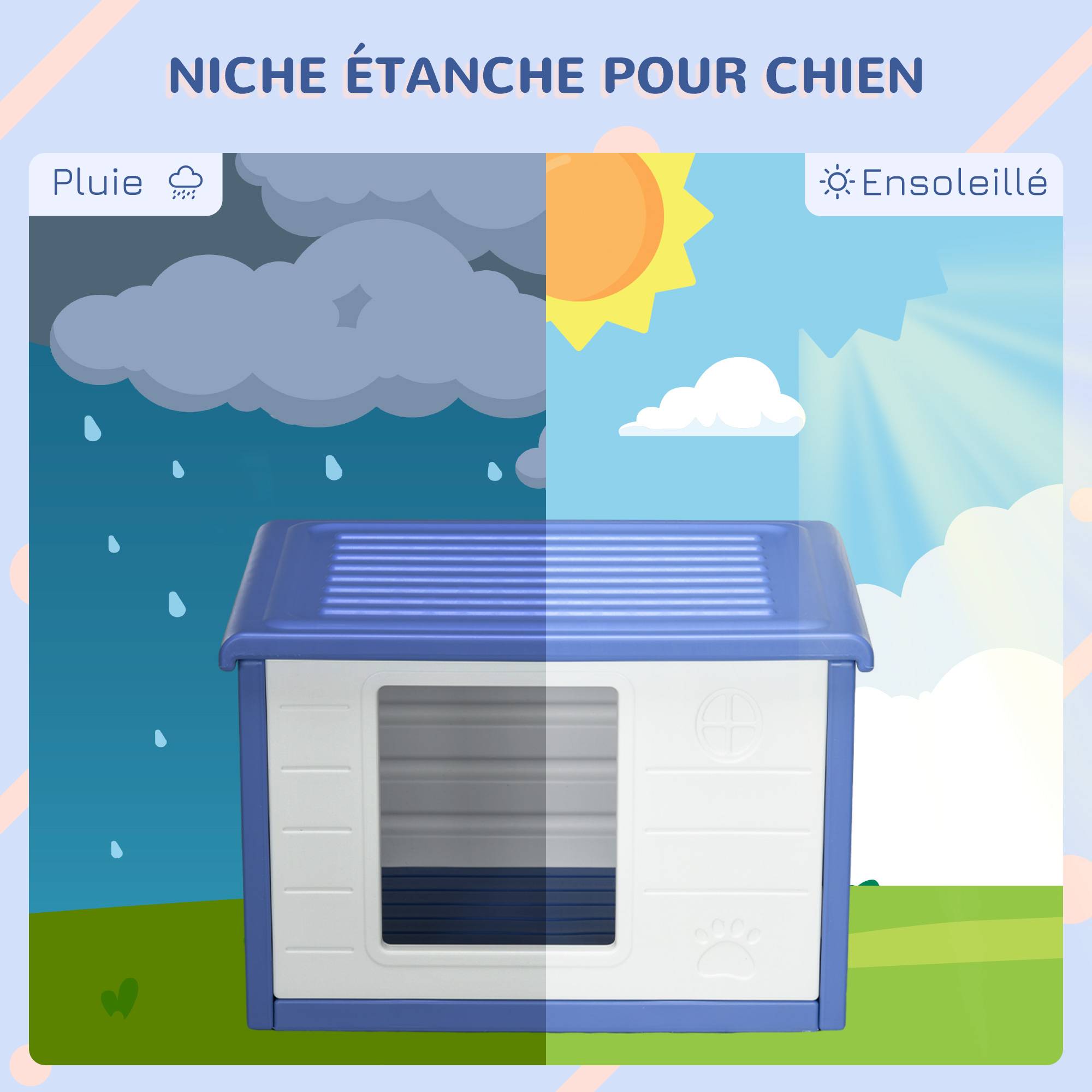 Sans Marque - Niche pour chien extérieure en plastique maison pour chiens avec bouches d'aération bleu et blanc - Image 8