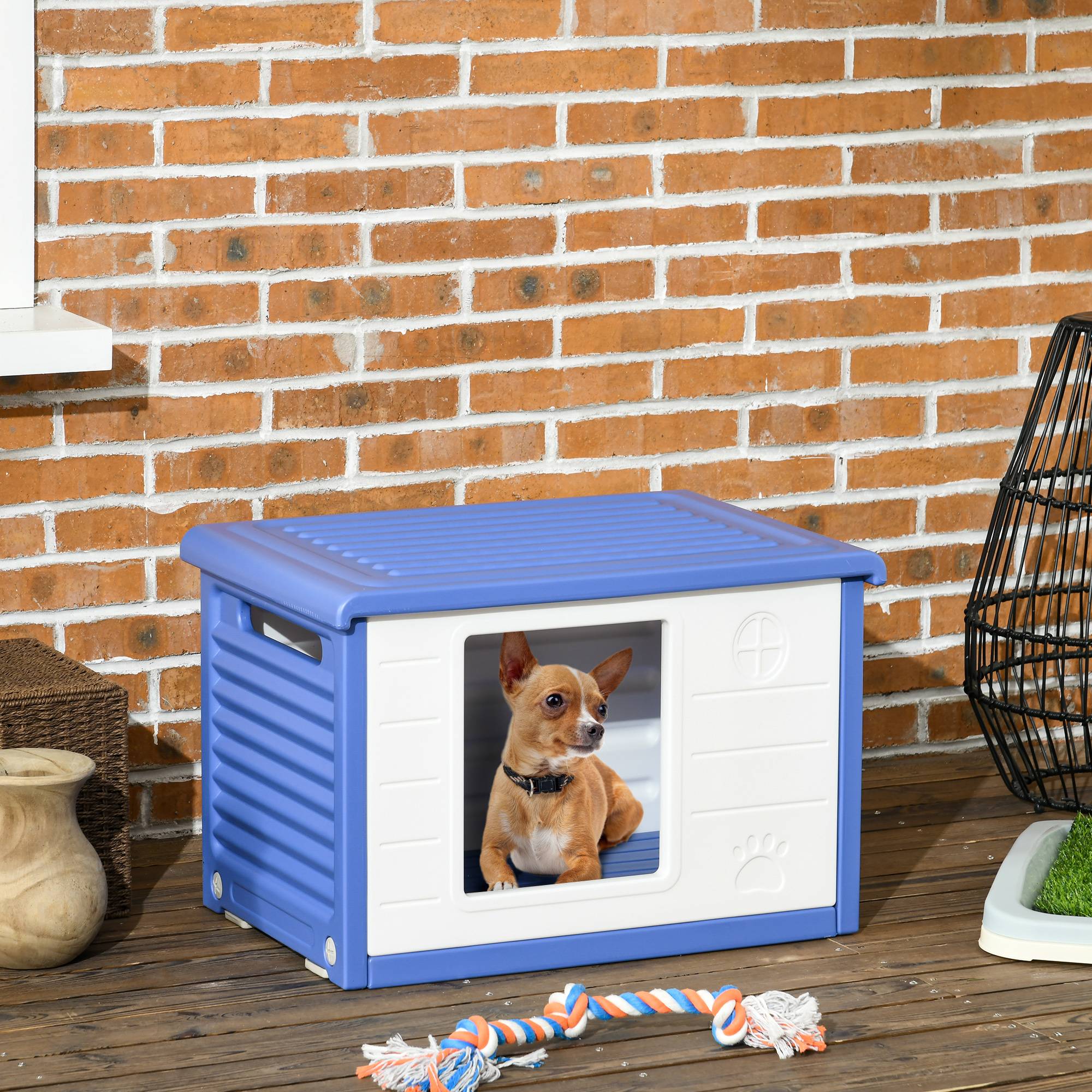 Sans Marque - Niche pour chien extérieure en plastique maison pour chiens avec bouches d'aération bleu et blanc - Image 4