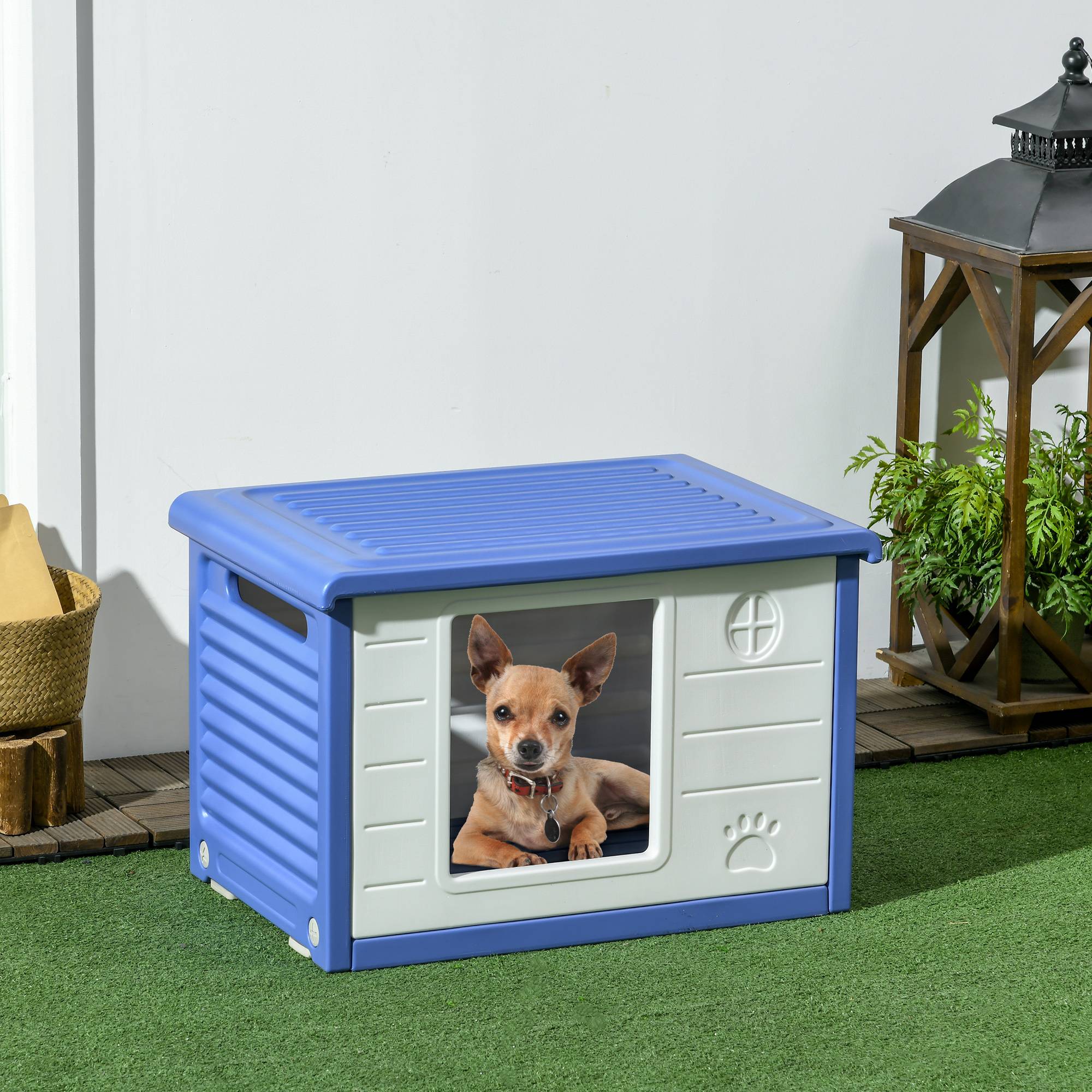 Sans Marque - Niche pour chien extérieure en plastique maison pour chiens avec bouches d'aération bleu et blanc - Image 3