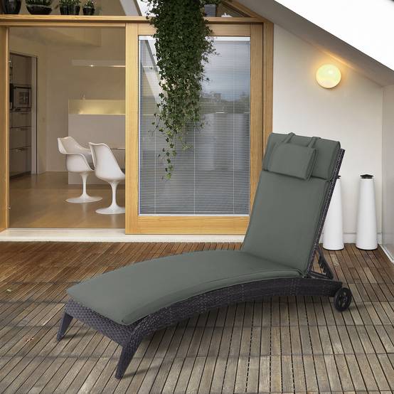 Coussin de chaise longue avec oreiller, polyester et fibre de coton, gris, 198 x 53 x 5 cm - PANGIVO - Image 2