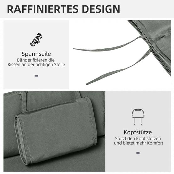 Coussin de chaise longue avec oreiller, polyester et fibre de coton, gris, 198 x 53 x 5 cm - PANGIVO - Image 5