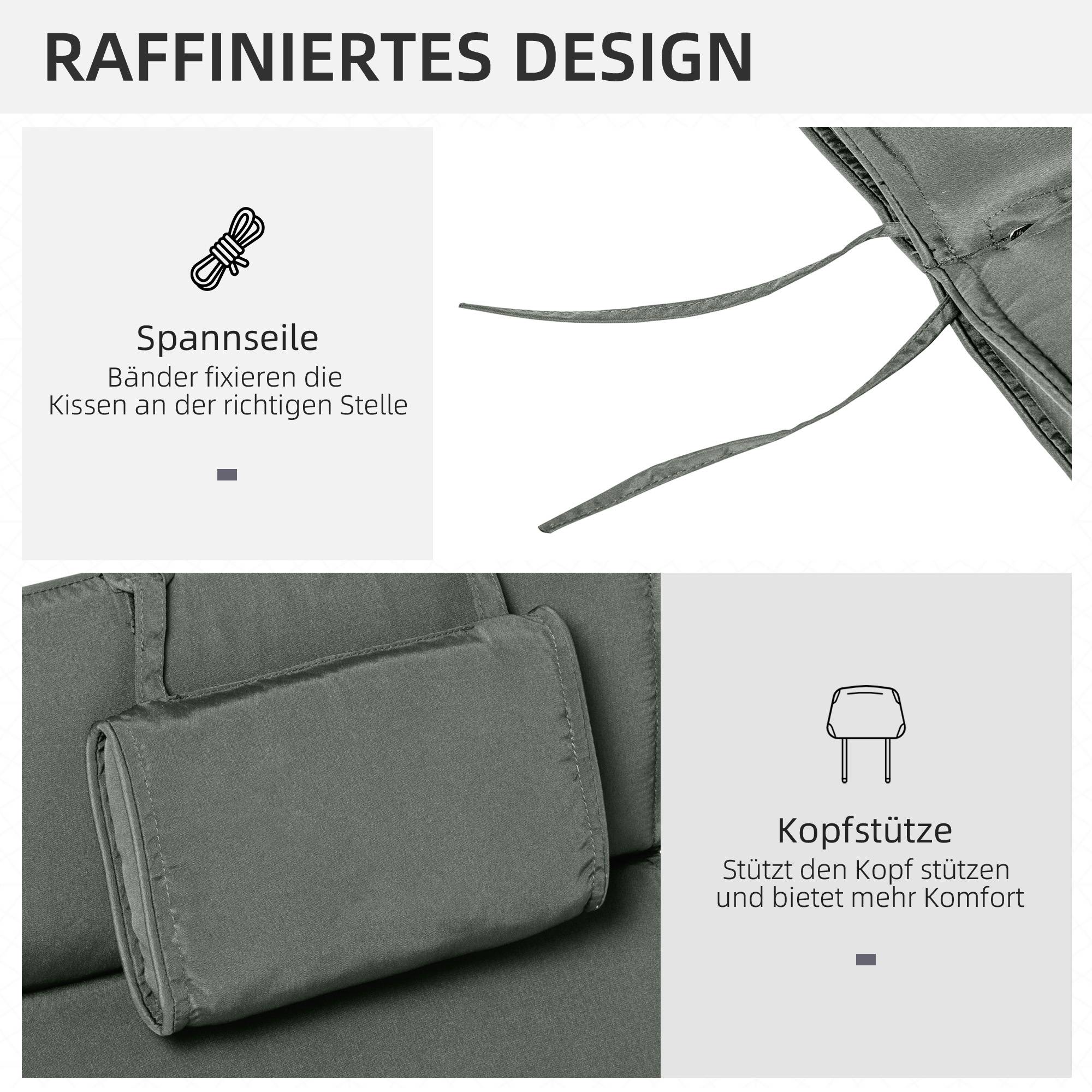 Coussin de chaise longue avec oreiller, polyester et fibre de coton, gris, 198 x 53 x 5 cm - PANGIVO - Image 5
