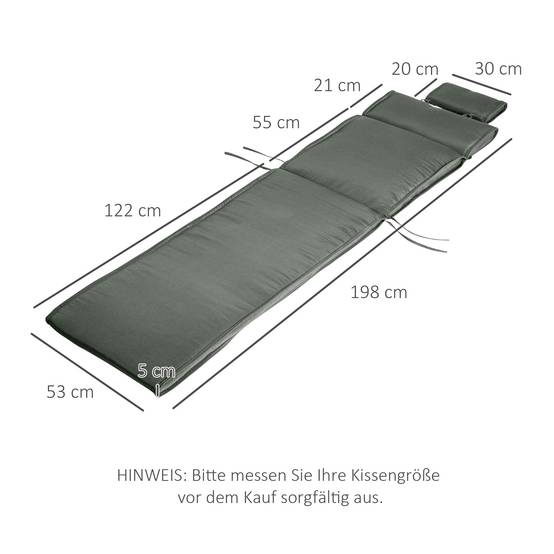 Coussin de chaise longue avec oreiller, polyester et fibre de coton, gris, 198 x 53 x 5 cm - PANGIVO - Image 3