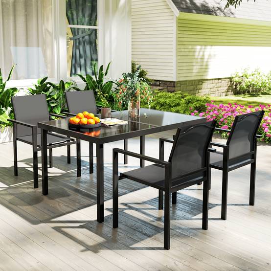Outsunny - Table de jardin extérieure avec 4 chaises empilables plateau en verre trempé 140 cm - noir - Outsunny - Image 4