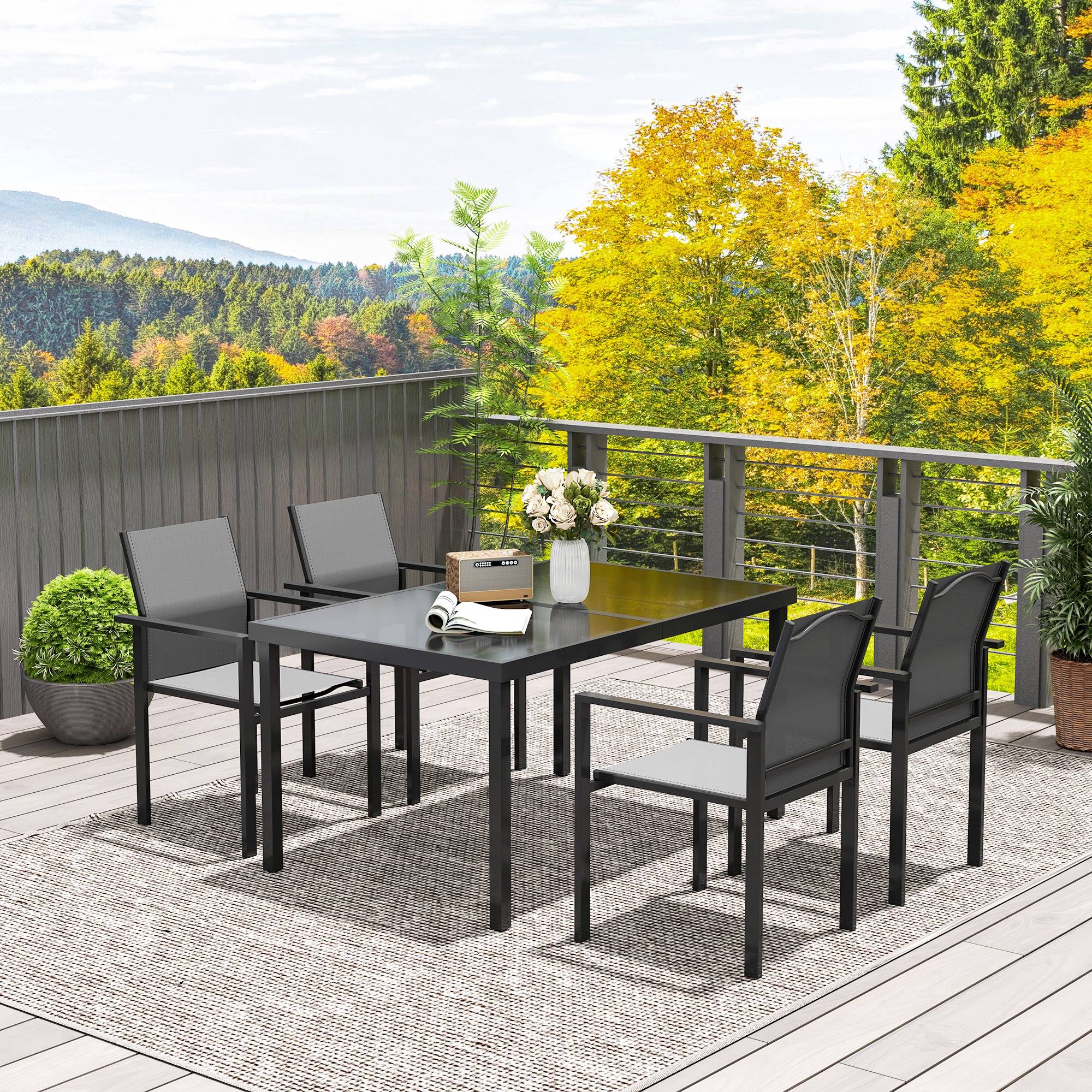 Outsunny - Table de jardin extérieure avec 4 chaises empilables plateau en verre trempé 140 cm - noir - Outsunny - Image 2