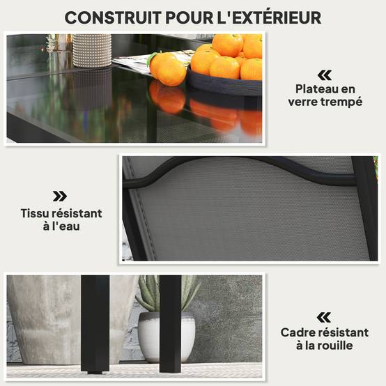 Outsunny - Table de jardin extérieure avec 4 chaises empilables plateau en verre trempé 140 cm - noir - Outsunny - Image 6