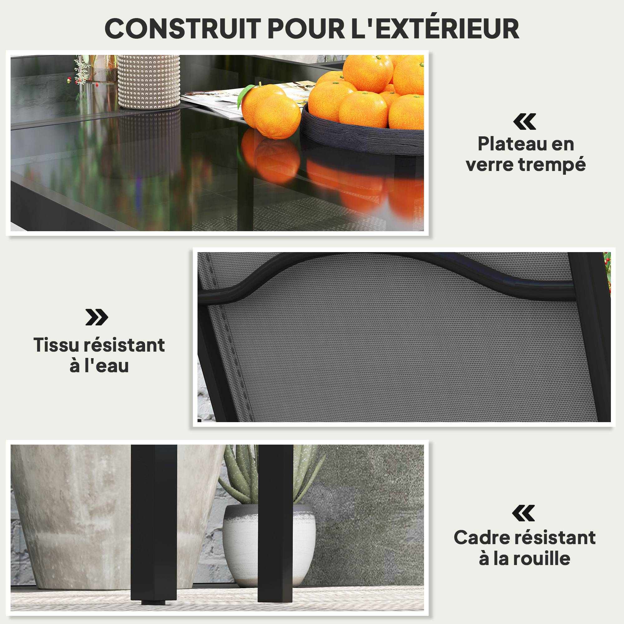 Outsunny - Table de jardin extérieure avec 4 chaises empilables plateau en verre trempé 140 cm - noir - Outsunny - Image 6