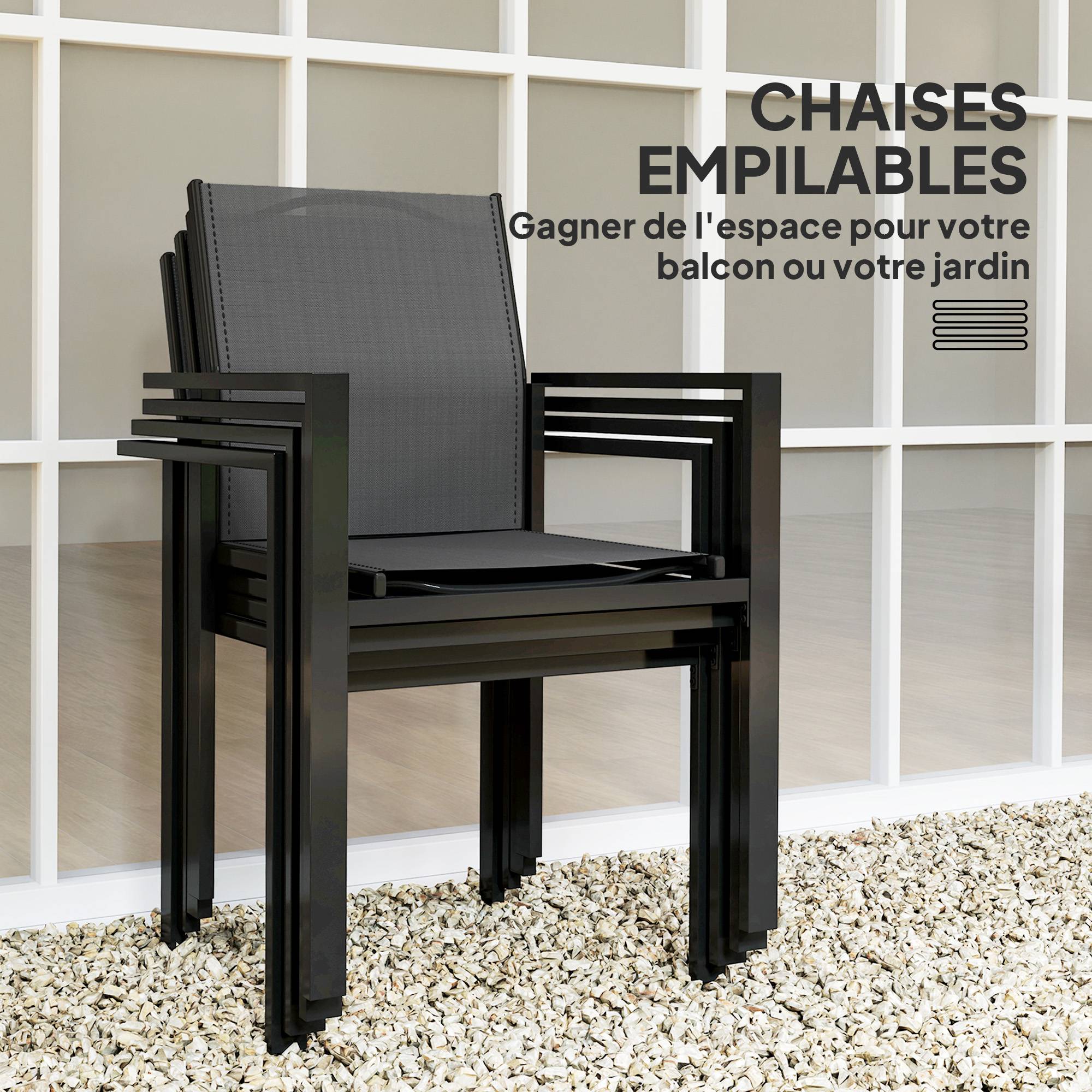 Outsunny - Table de jardin extérieure avec 4 chaises empilables plateau en verre trempé 140 cm - noir - Outsunny - Image 5