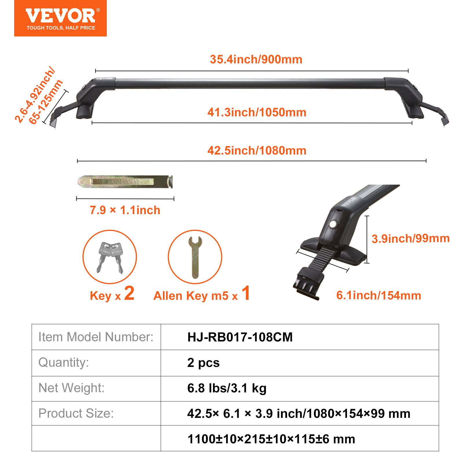 Vevor - VEVOR Barres de toit transversales 2 PCs, aluminium charge 70,3 kg, installation facile, toit nu, noir. - Image 7