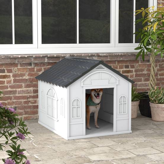 Niche extérieure pour chien toit en pente, porte avant ouverte, chiens moyens/grands, 84,2x98,2x82cm, gris - Image 3
