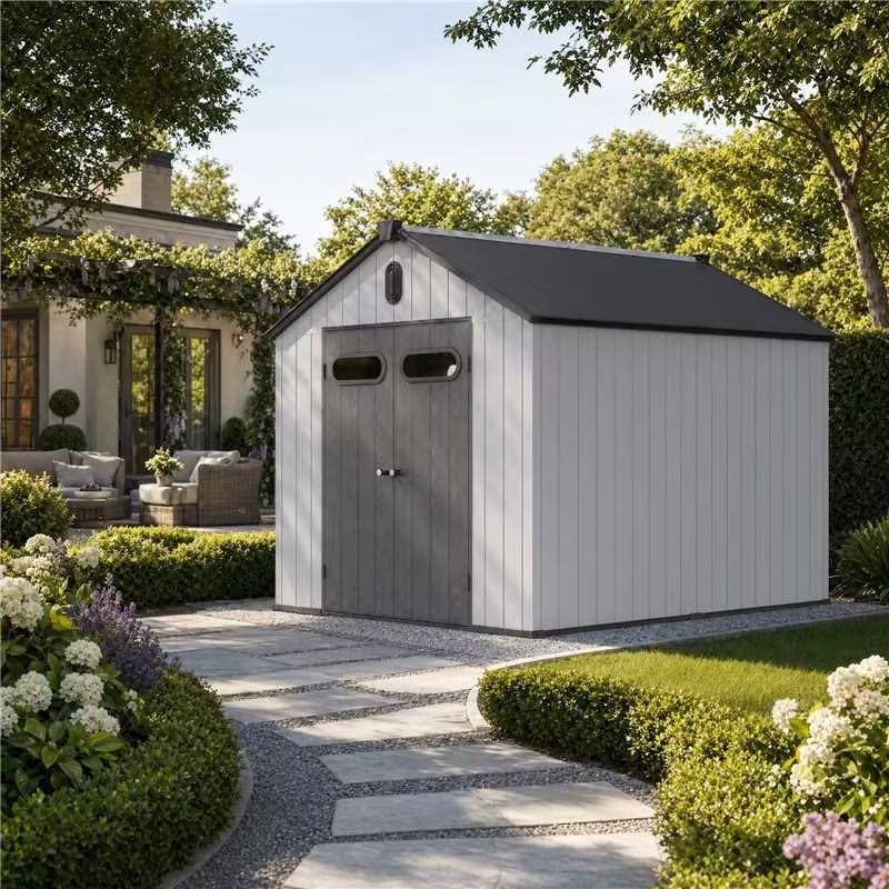 ComfortXL - Abri de jardin résine pour outils et tondeuse grande capacité 285 x 235 x 231 cm gris blanc - ComfortXL Outdoor Living - Image 2