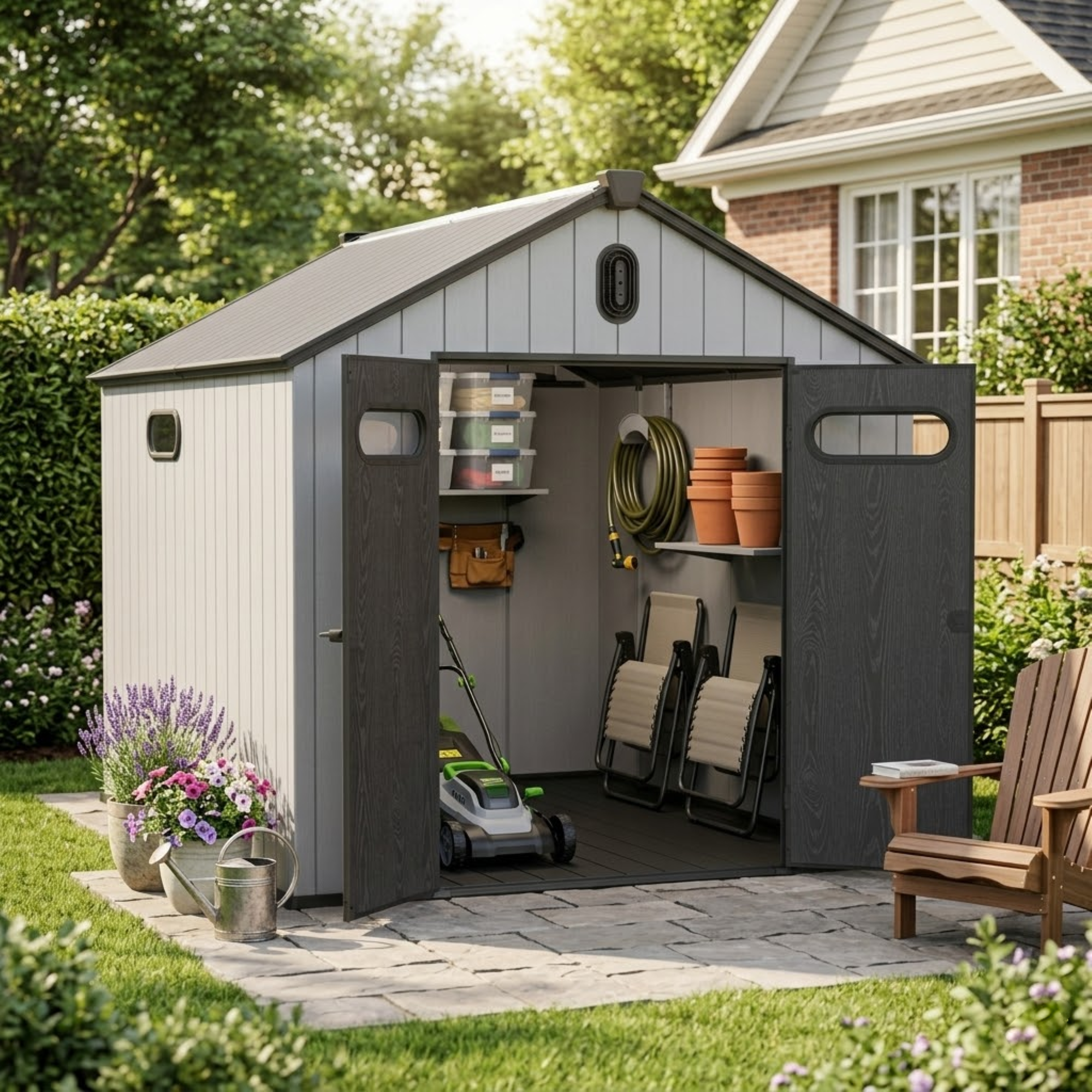 ComfortXL - Abri de jardin résine pour outils et tondeuse grande capacité 285 x 235 x 231 cm gris blanc - ComfortXL Outdoor Living - Image 1