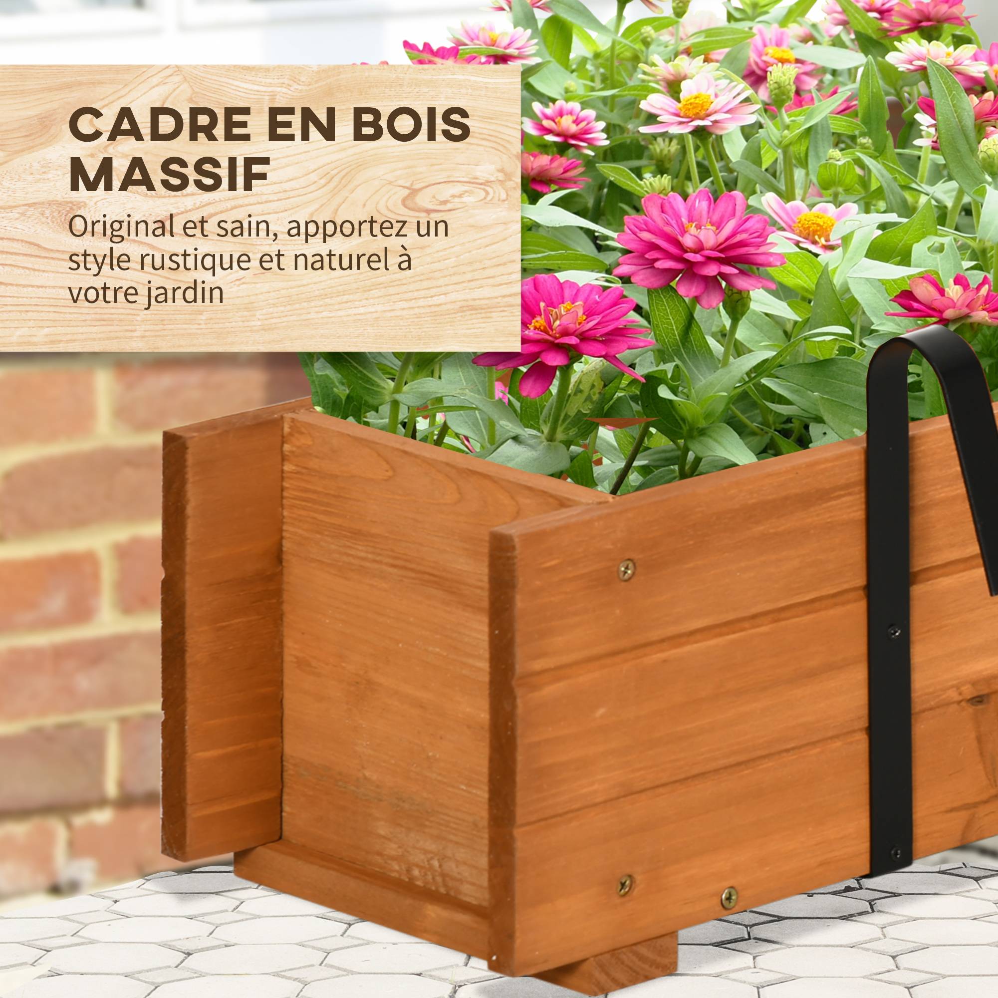 Jardinière rectangulaire en bois carré potager jardinière à suspendre avec 2 crochets 91 x 18 x 16,5 cm marron - Image 8