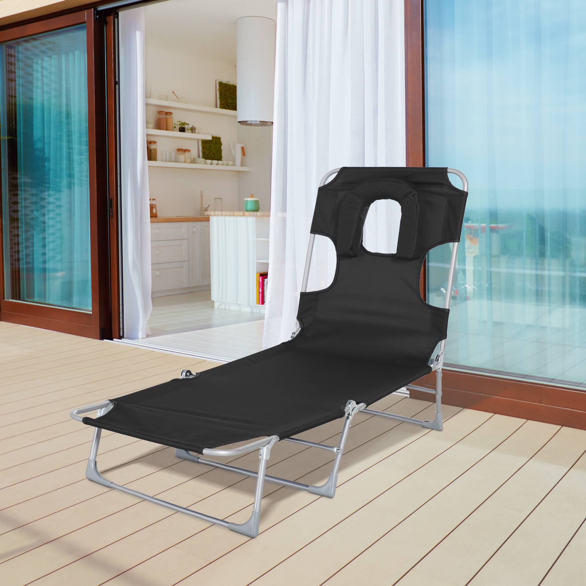 Fauteuil de jardin inclinable et pliable Tumbo avec trou de lecture, appui-tête et dossier réglable sur 5 positions pour Playa 182x56x28 cm Noir - Image 3