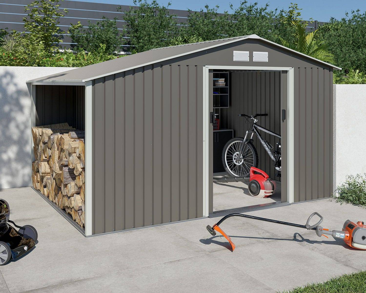 Abri de jardin métal avec bûcher 8,13 m² Trigano + kit d'ancrage - Image 1