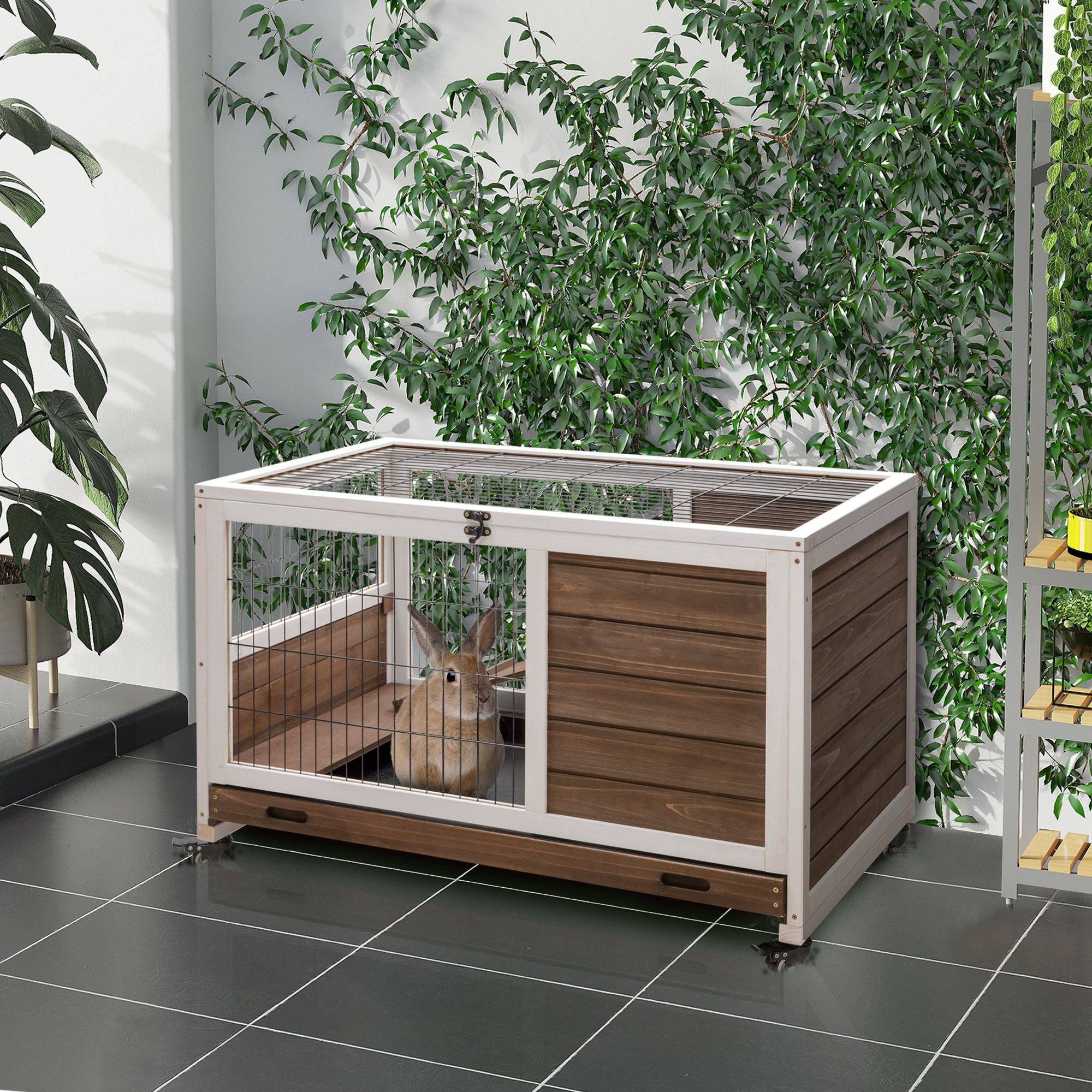 Clapier lapin pour petits animaux, toit rabattable, bac extractible, 90x53x59cm, marron - Image 3