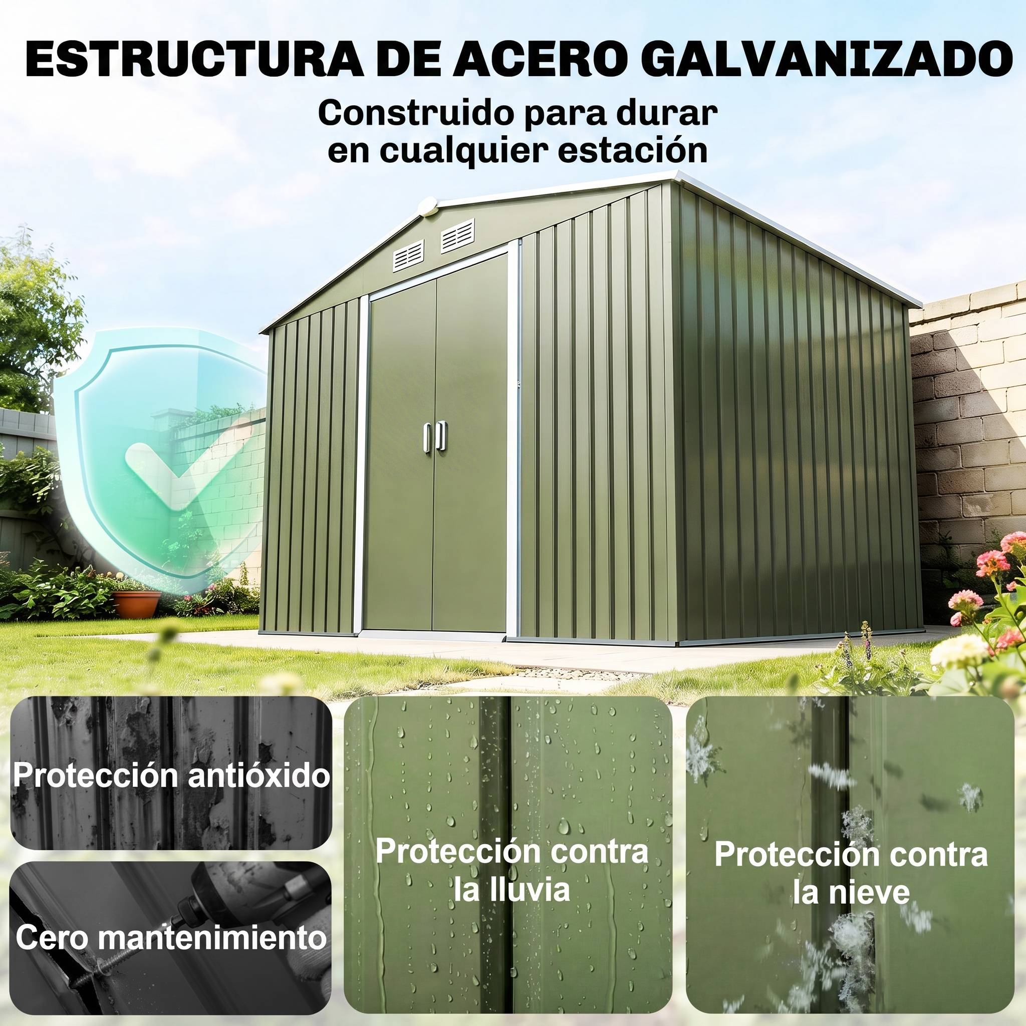 Abri de jardin 4,9 m² 277 x 195 x 192 cm avec 2 portes coulissantes, base renforcée (plancher non inclus), vert clair - Image 6