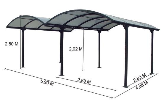 Habrita - Carport en aluminium
Dim HT l 590 x L 485 cm
structure alu 1,4 mm
6 poteaux 7 x 7 cm
Livré avec toit ARRONDI en POLYCARBONATE 6 mm - Image 2
