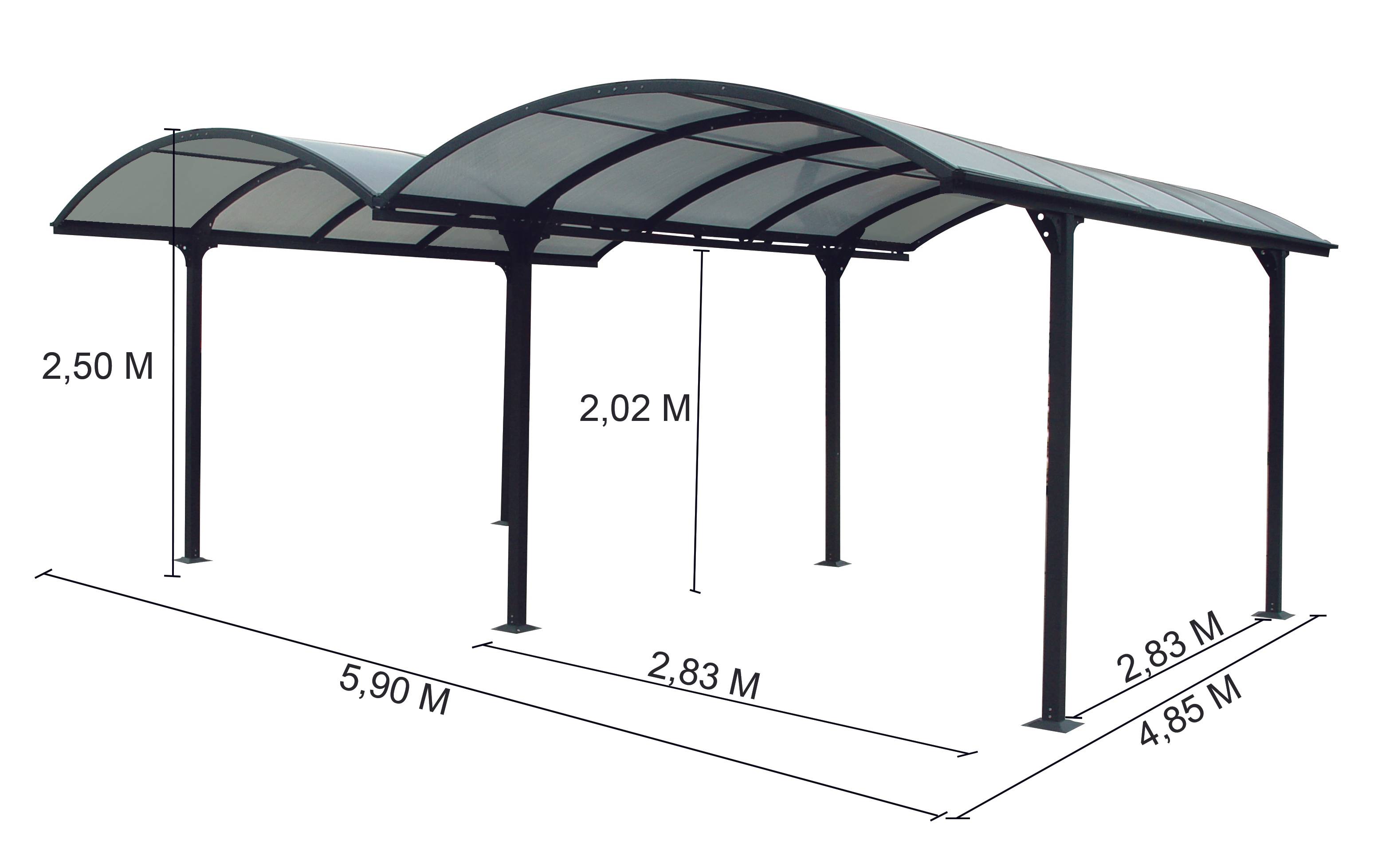 Habrita - Carport en aluminium 
Dim HT l 590 x L 485 cm
structure alu 1,4 mm
6 poteaux  7 x 7 cm
Livré avec toit ARRONDI en POLYCARBONATE  6 mm - Image 2