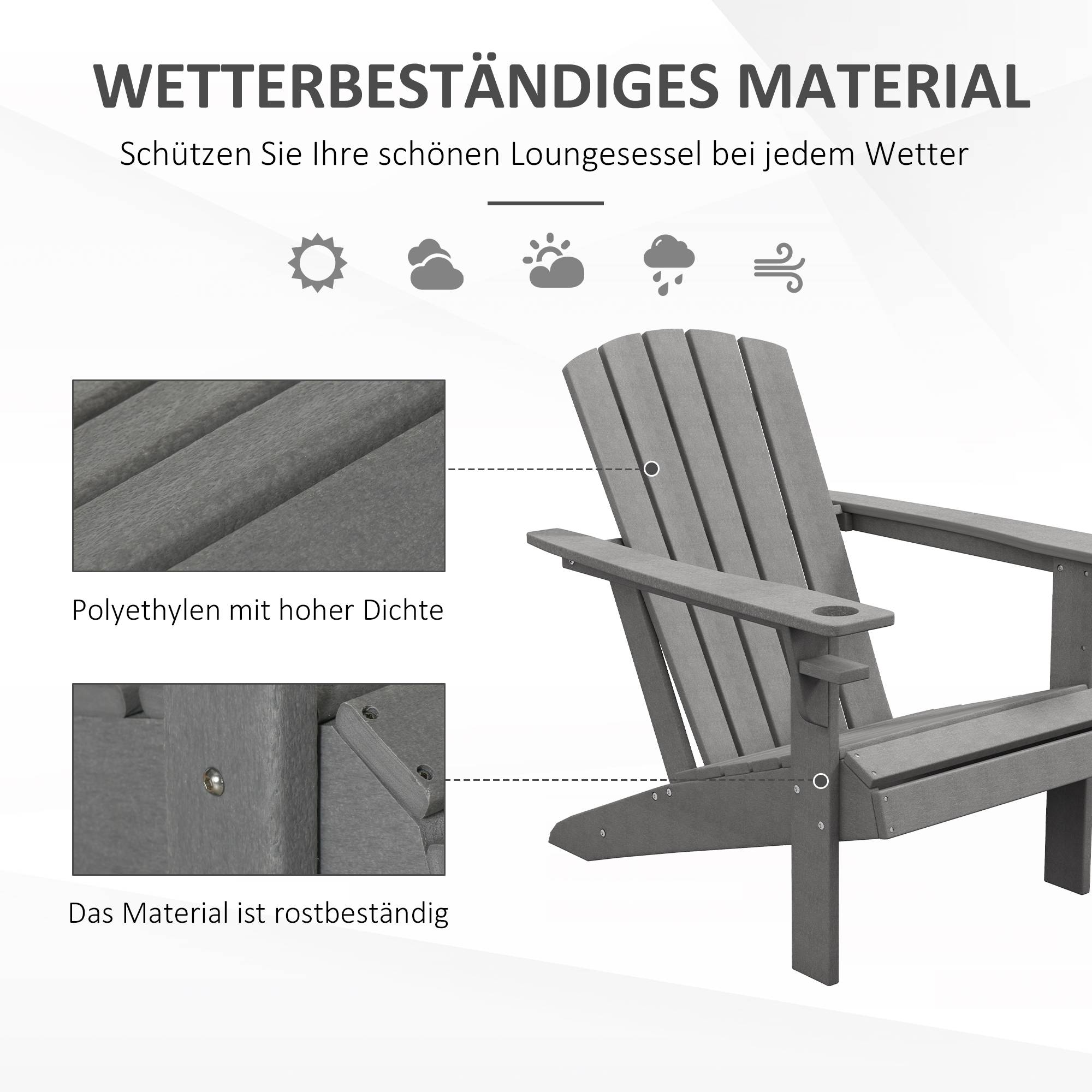 Fauteuil de jardin ergonomique en HDPE Gris, résistant aux UV et intempéries, 75 x 87 x 90 cm - Image 6