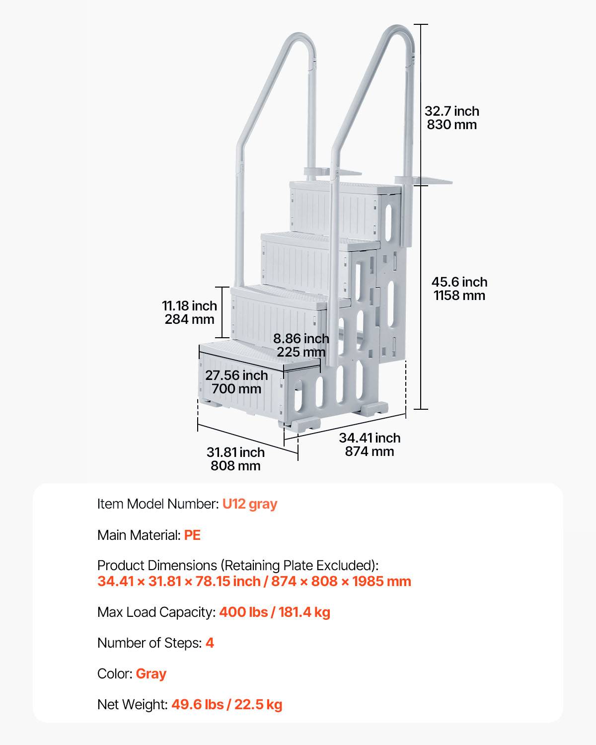 Vevor - VEVOR Escalier de Piscine de 122-137 cm 4 Marches avec 2 Rampes 181,4 kg Gris - Image 7