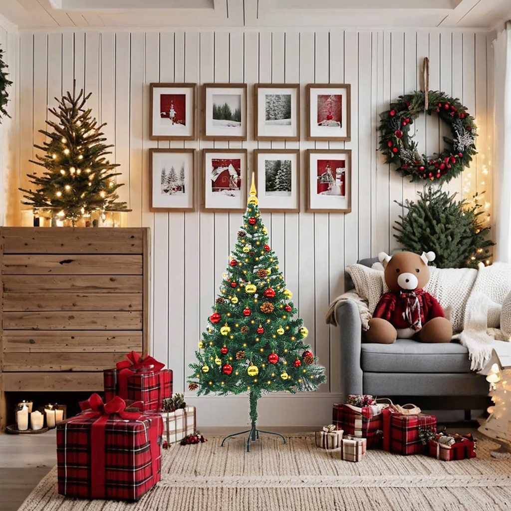 Sapin de Noël | Arbre de Noël artificiel pré-éclairé avec boules vert 150 cm Maison Chic - Image 1
