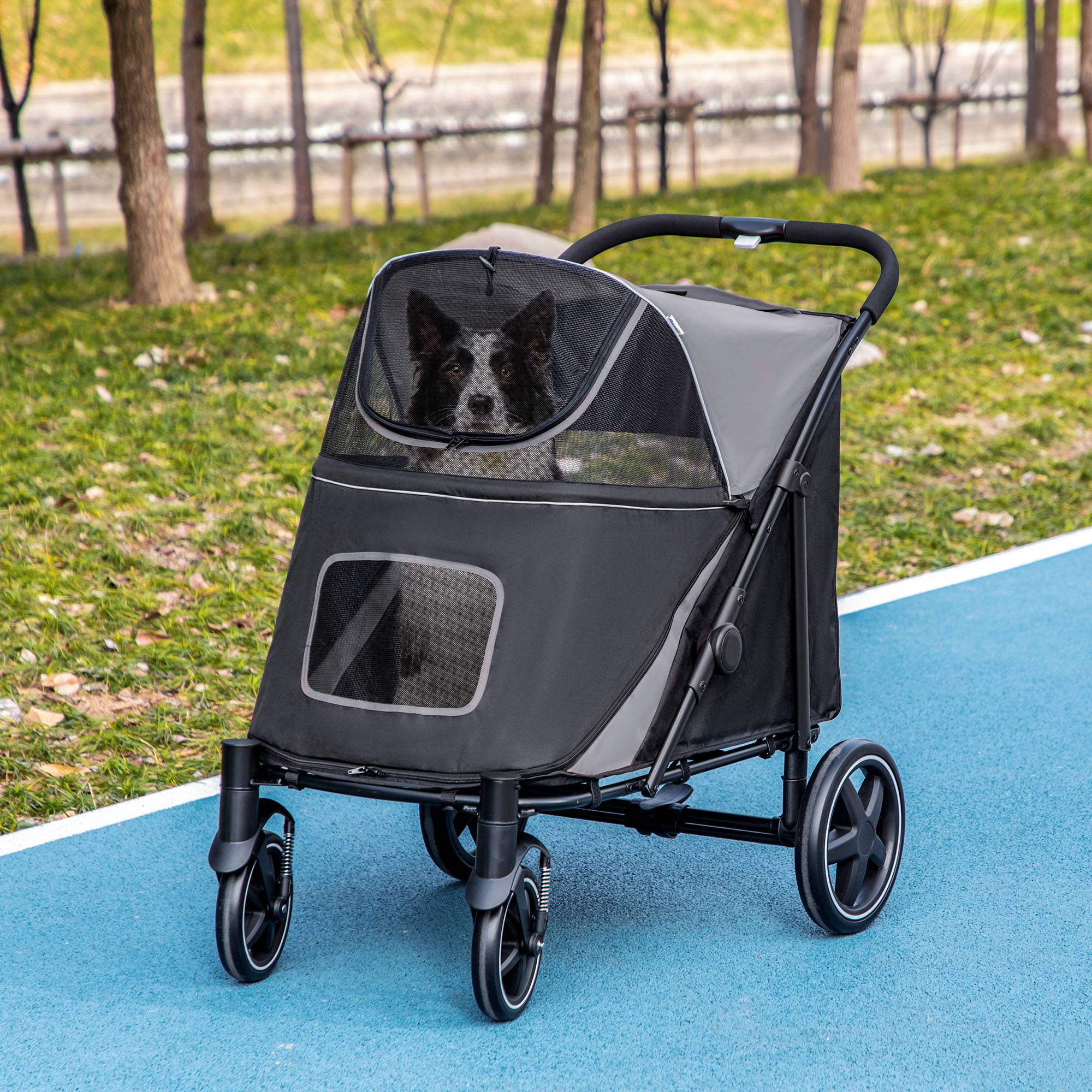 Poussette pour chien pliable, avec 1 panier de rangement, 112 cm x 65 cm x 100 cm, grise - Image 4